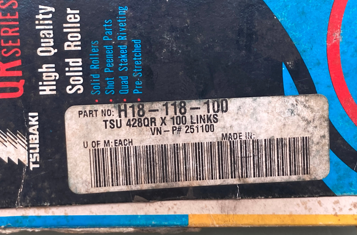 New Tsubaki 428QR X 100 Links High Quality M/C Solid Roller Chain H18-118-100