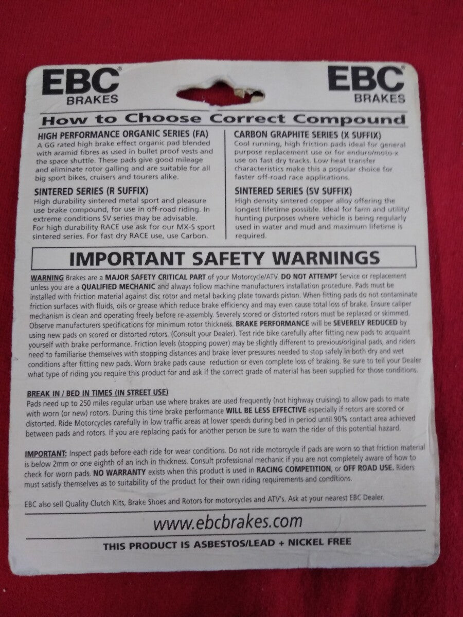 NEW EBC Organic, High Performance, Carbon Graphite or Sintered Brake Pads 15-187