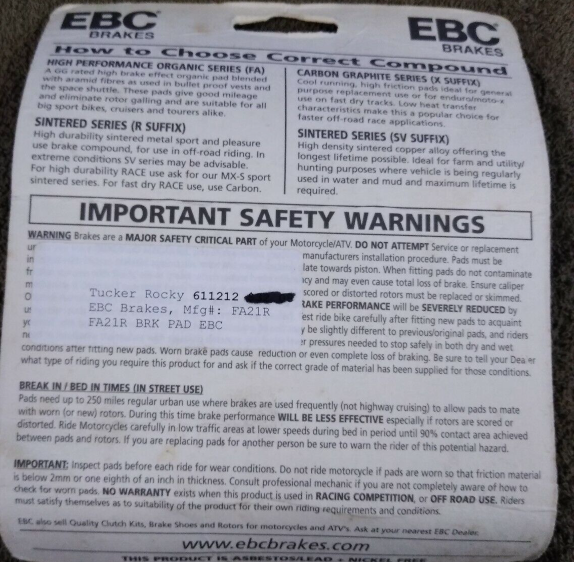 NEW EBC Brakes for Motorcycle / ATV / High Performance / Organic / FA21R