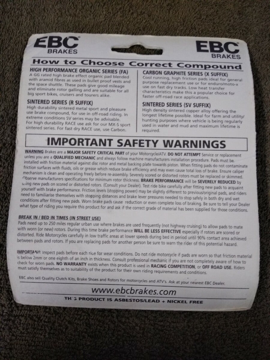 NEW EBC Brakes for Motorcycle / ATV / High Performance / Organic / FA173