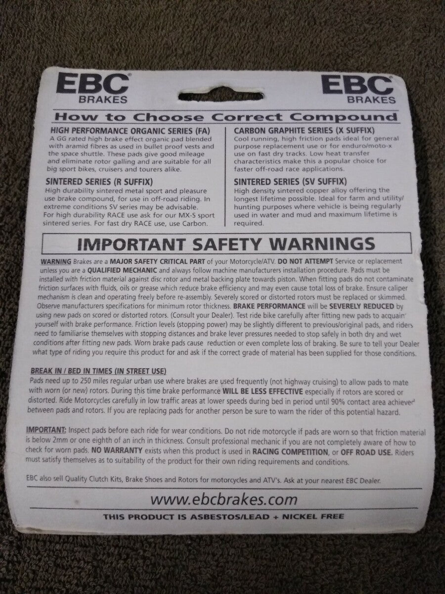 NEW EBC Brakes for Motorcycle / ATV / High Performance / Organic / FA194