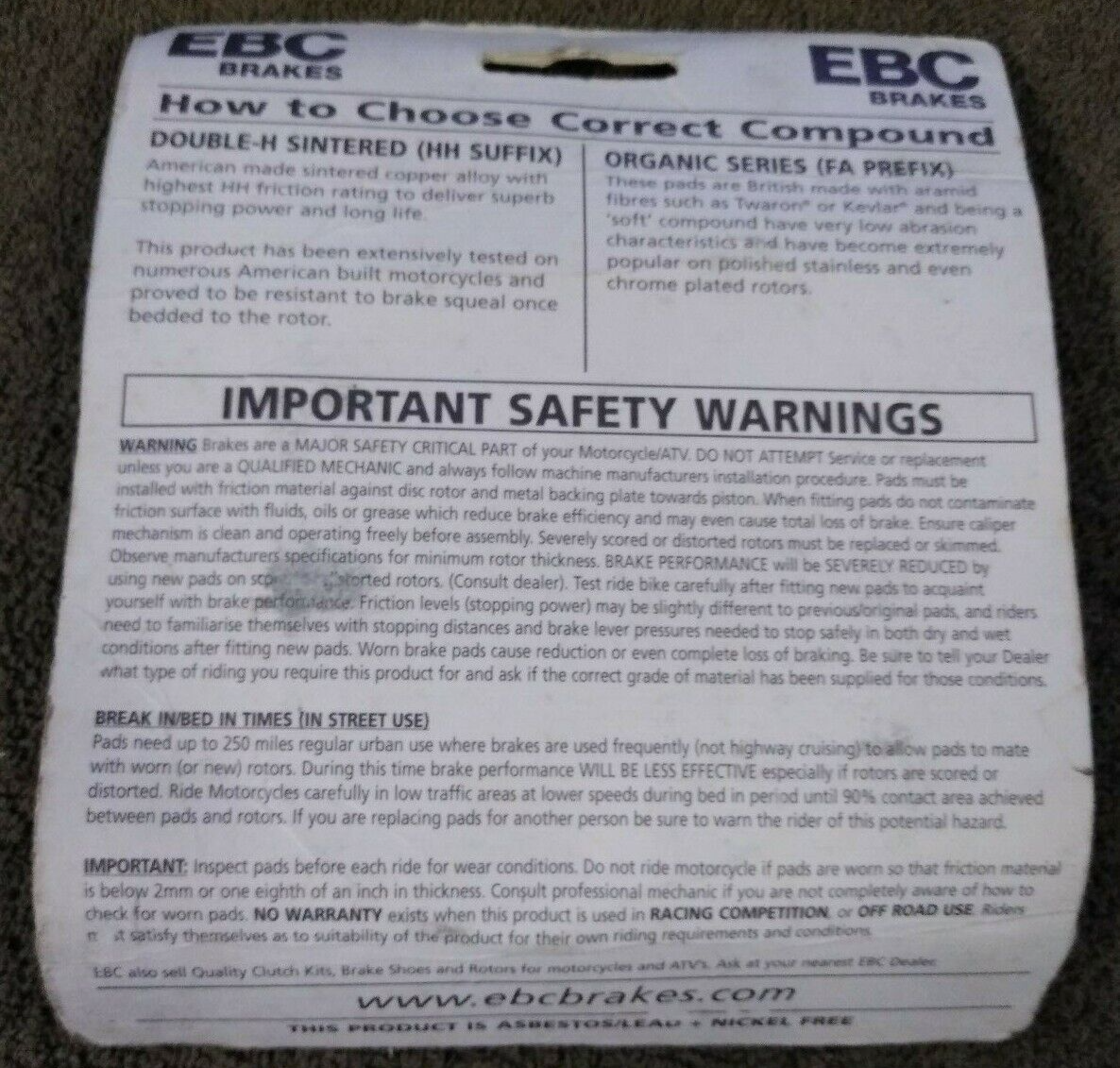 NEW EBC Brakes for Motorcycle / ATV / High Performance / Organic / FA200