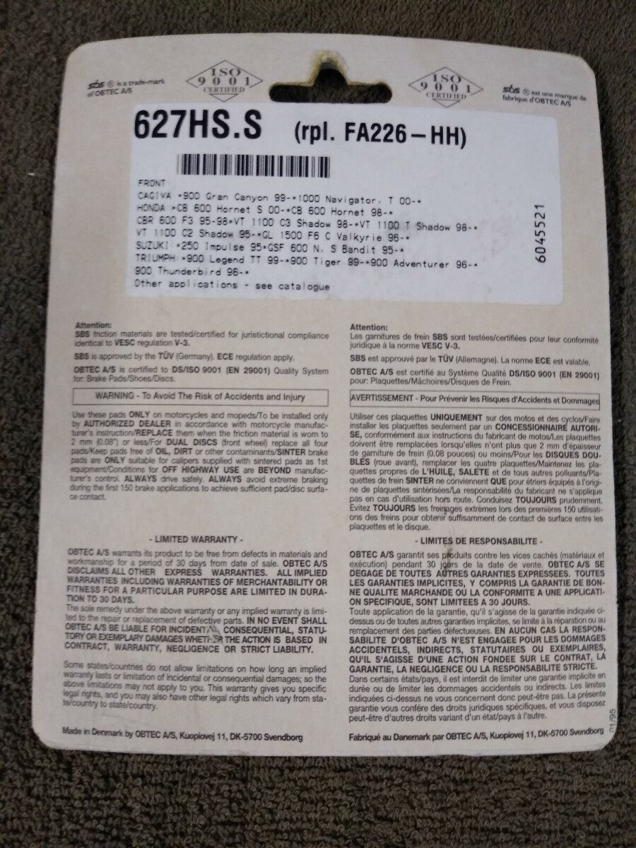 NEW SBS StreetExcel Sinter Brake Pads / 627HS FR. / FA142