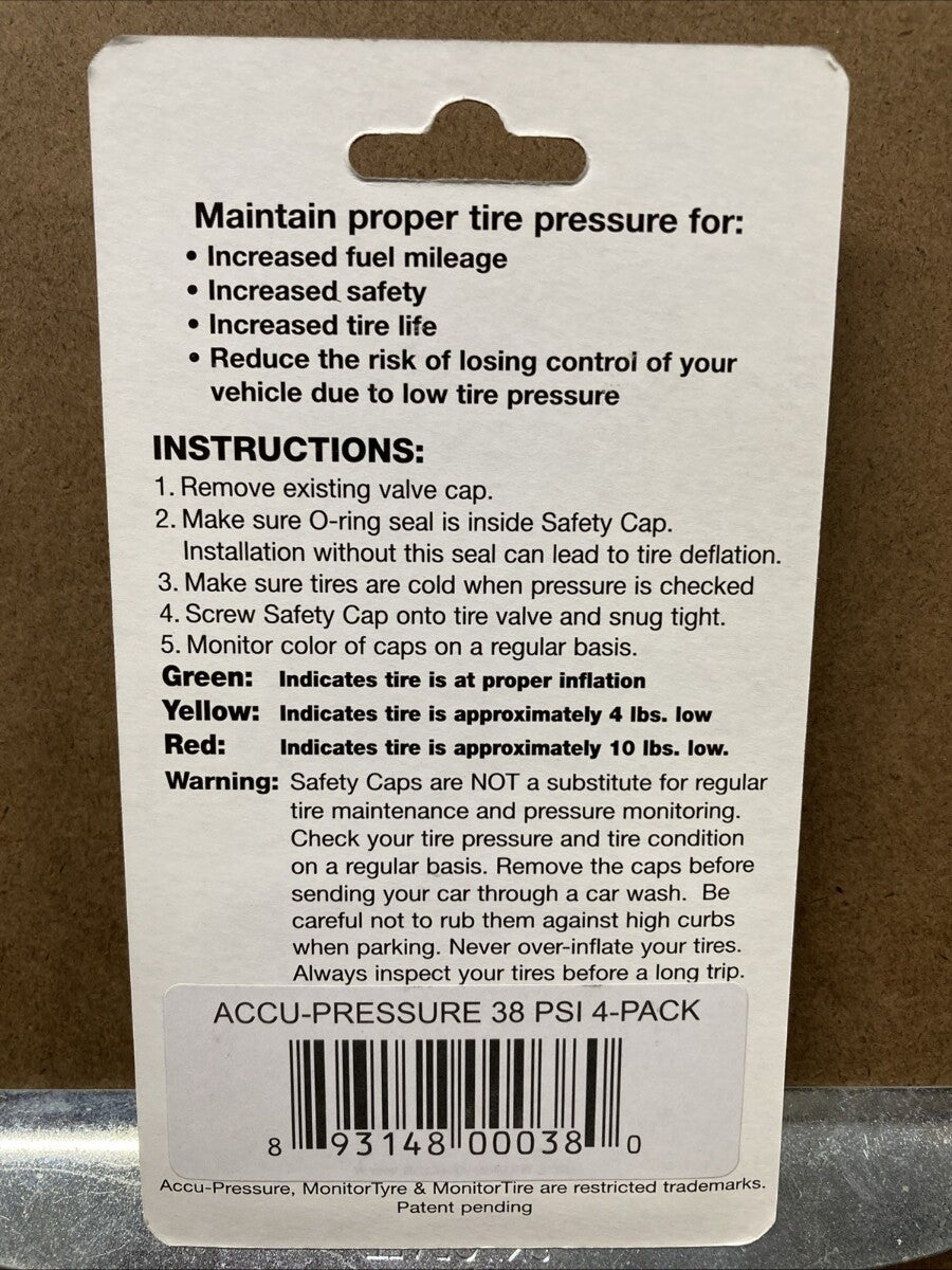NEW Accu-Pressure Safety Tire Caps, Set of 4 (38 psi) / 9314800060