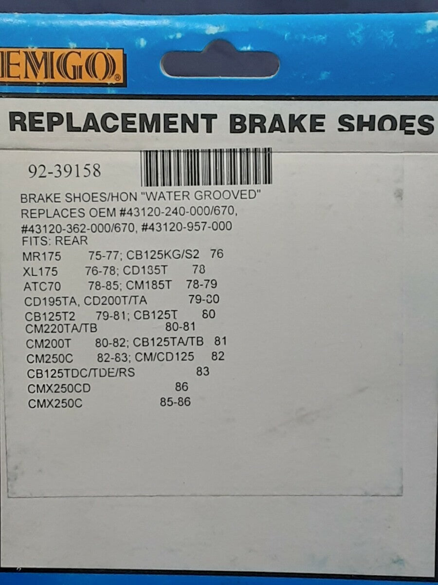 NEW EMGO REAR BRAKE SHOES 92-39158 HONDA MR175 CB125 XL175 CD185 ATC70