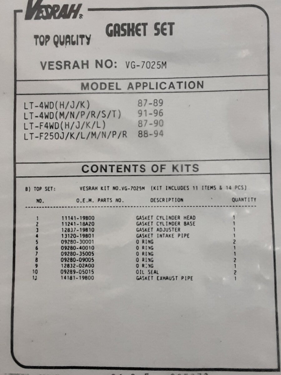 NEW VESRAH VG-7025M SUZUKI TOP END GASKET KIT LT-4WD LT-F4WD LT-F250J 1987-94