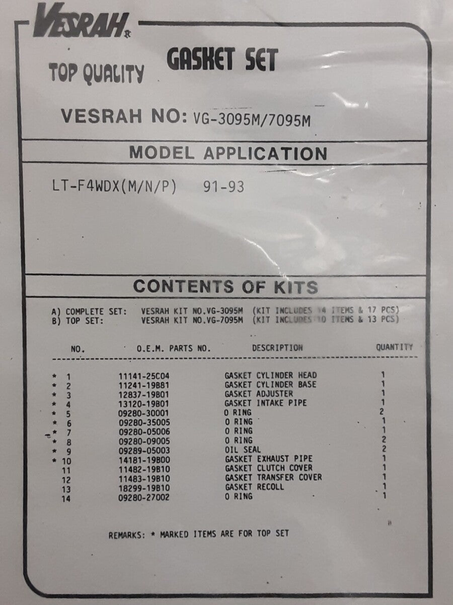 NEW VESRAH VG-7095M SUZUKI TOP END GASKET KIT LT250 LT-F4WDX (M/N/P) 1991-93