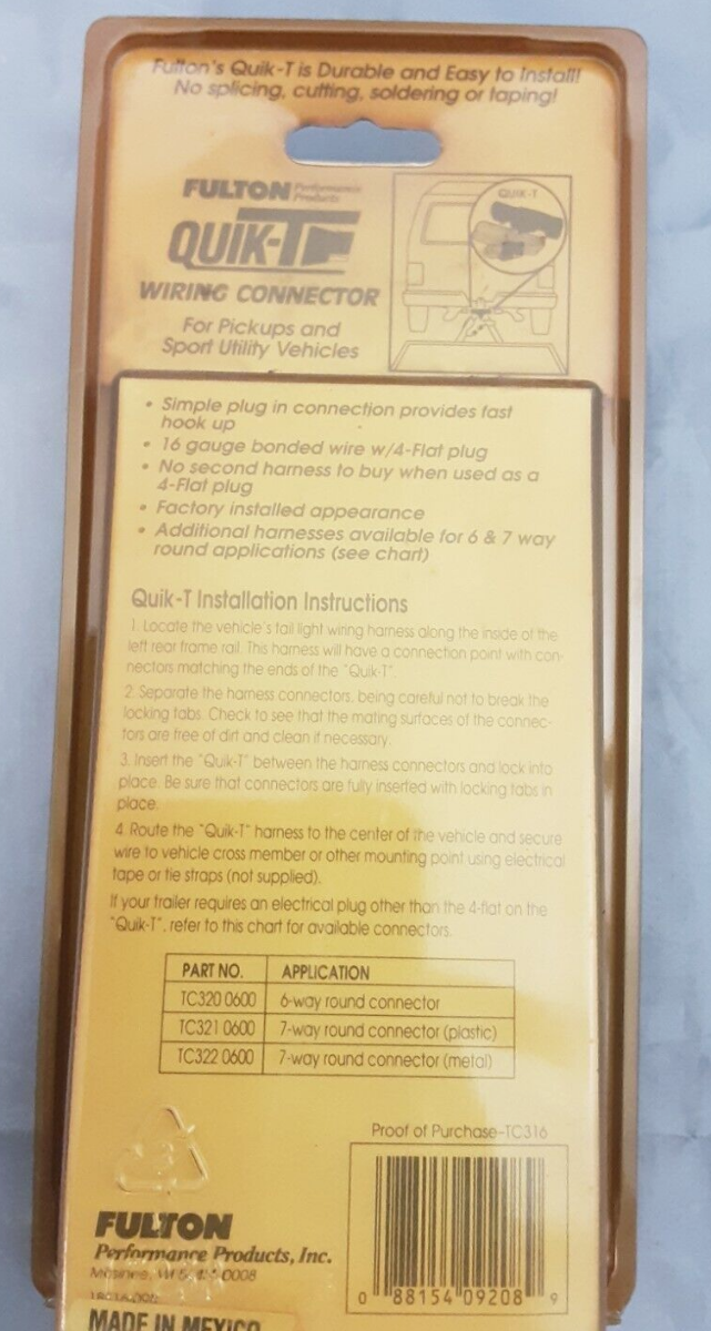 NEW FULTON QUICK-T TC316-0600 WIRING CONNECTOR FORD PICKUP 87