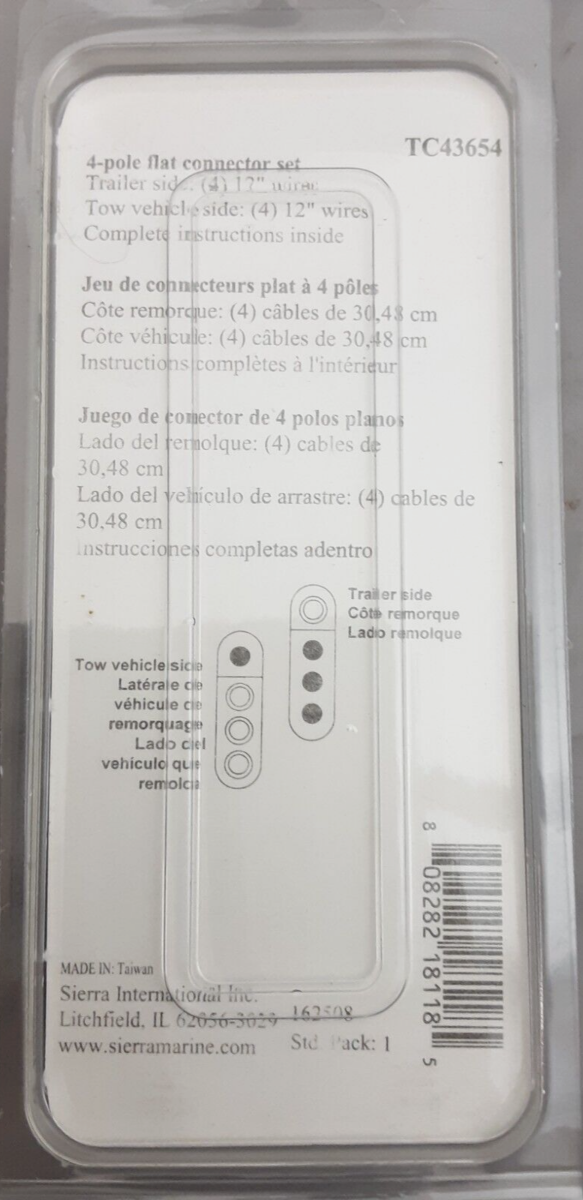 NEW SIERRA TC43654 4 Pole Flat Trailer Connector 12"