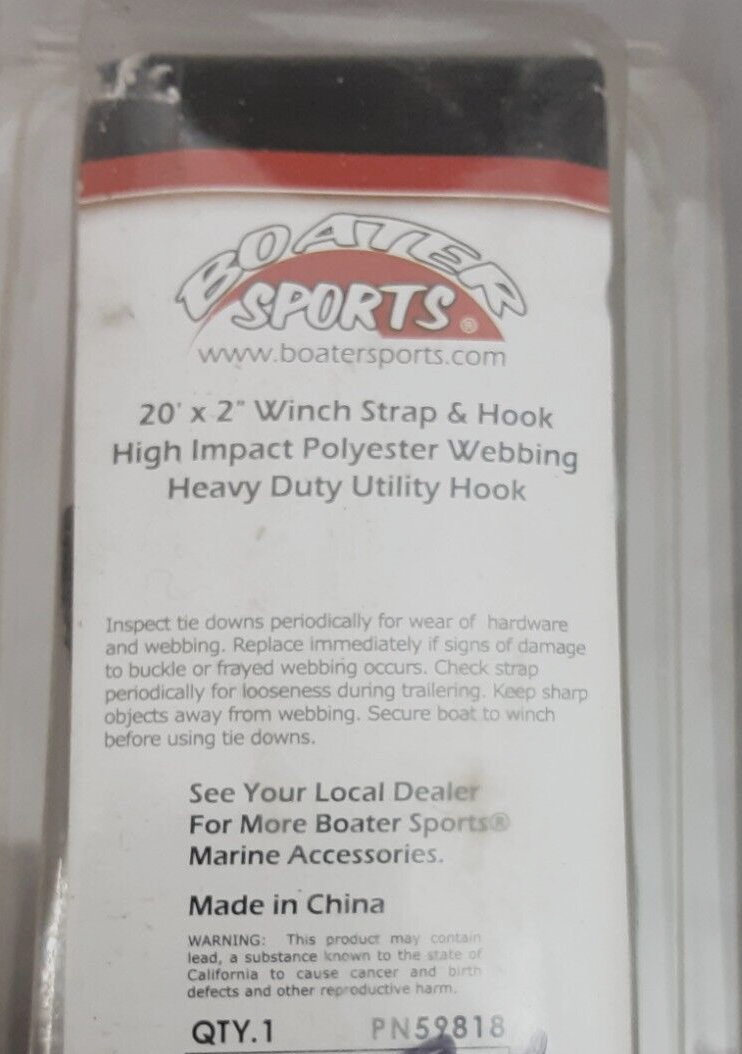 NEW BOATER SPORTS 59818 WHINCH STRAP WITH HOOK 20'X2"