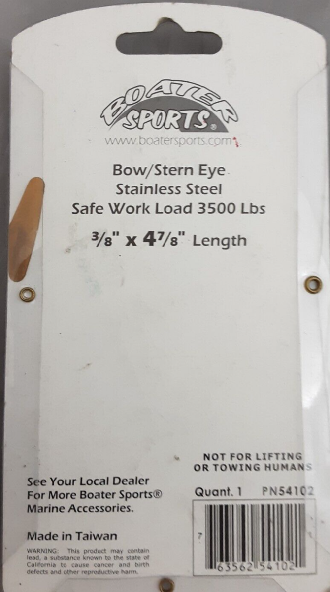 NEW BOATER SPORTS 54102 BOW/STERN EYE STAINLESS STEEL 3/8"X4 7/8" 3500LB CAPACIT