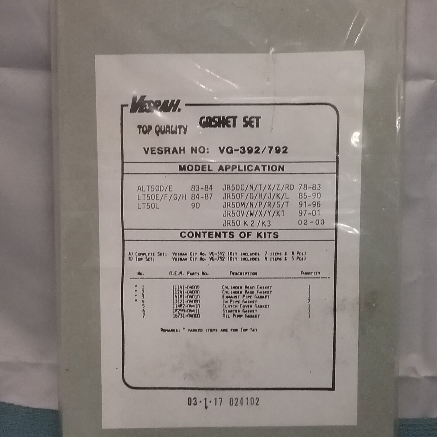 NEW VESRAH GTE427 TOP END GASKET KIT