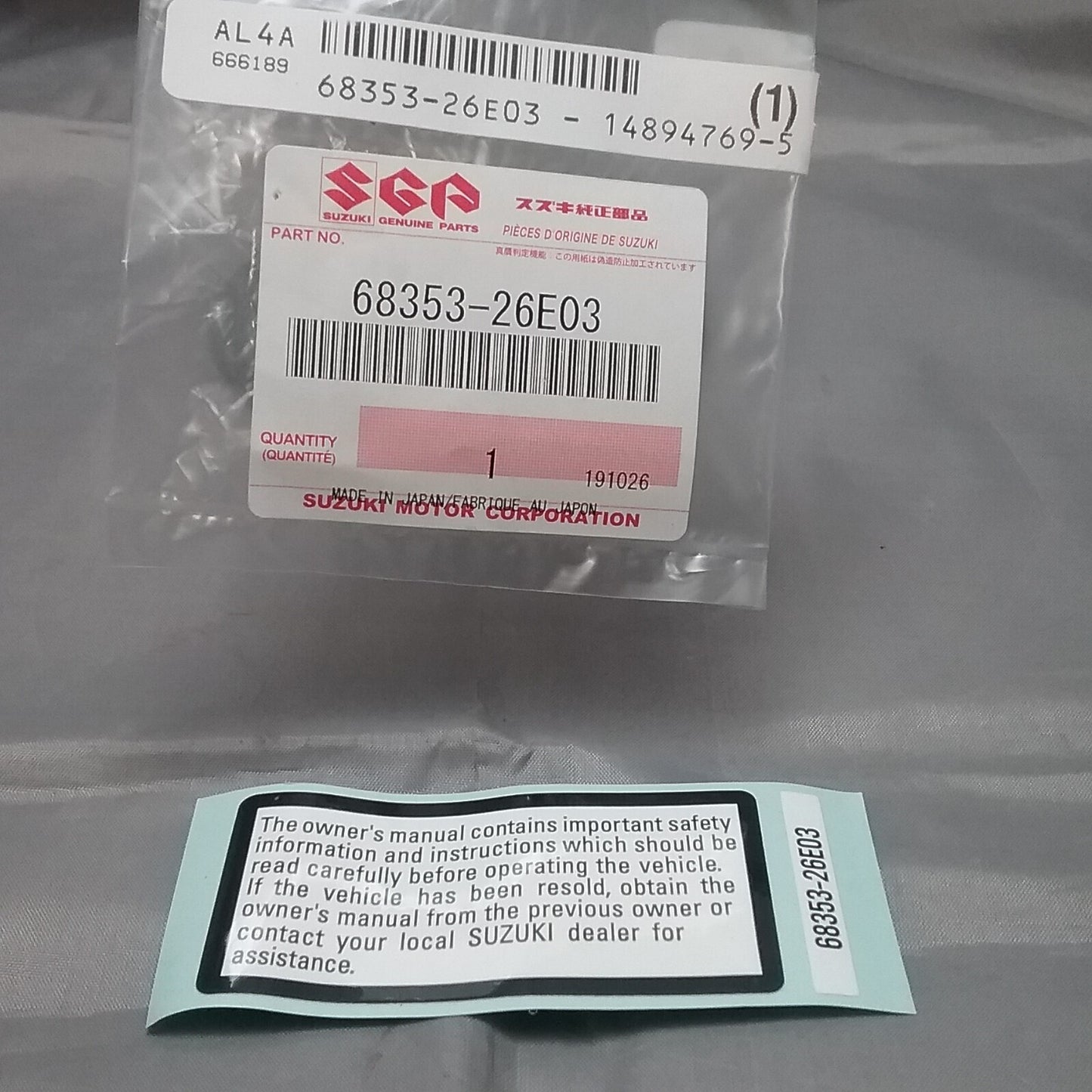 NEW GENUINE SUZUKI 68353-26E03 LABEL, MANUAL NOTICE QUADRUNNER 1988-2021