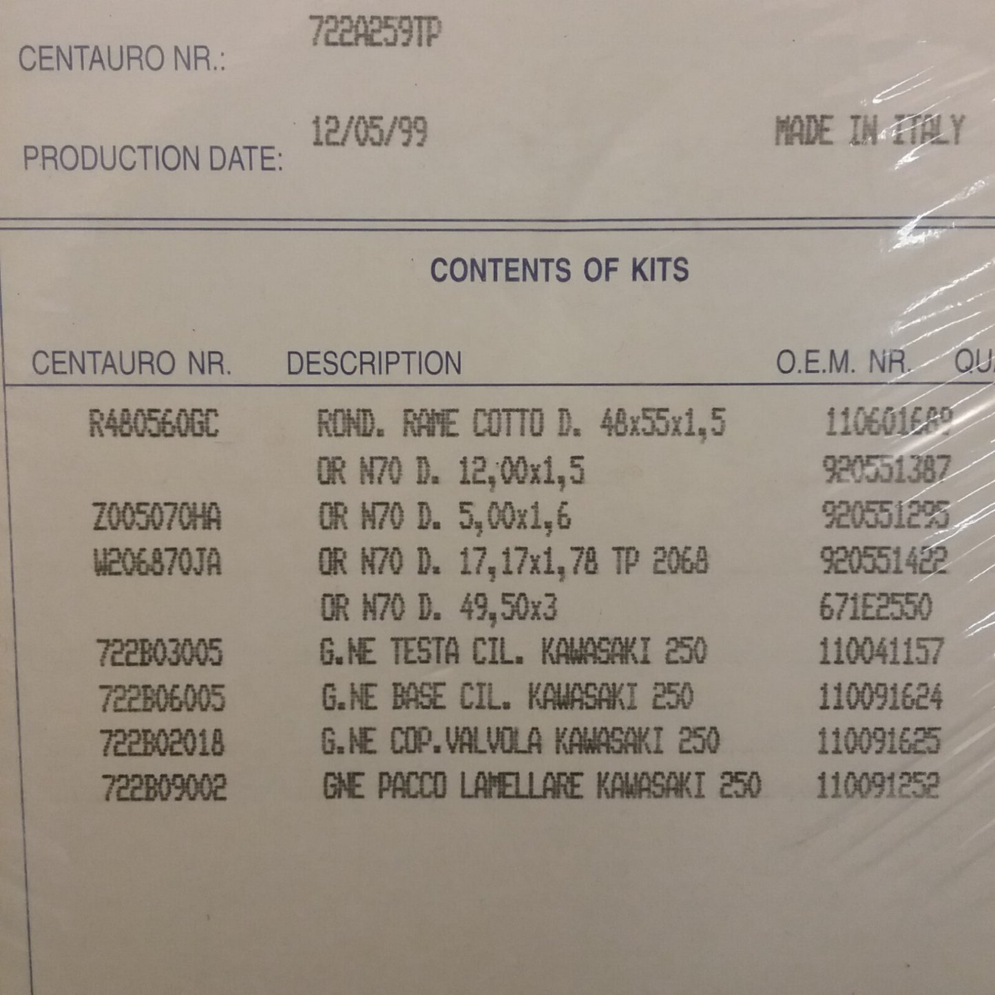 NEW CENTAURO 722A259TP / 412138 TOP-END GASKET KAWSAKI TECATE KXF/KSF250 87-91