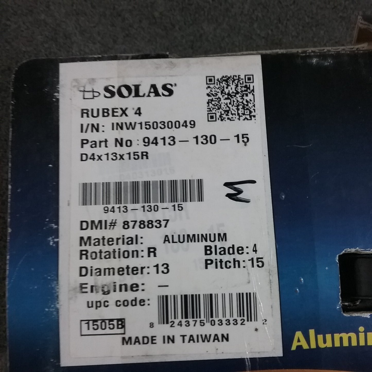 NEW SOLAS 9413-130-15 RUBEX ALUMINUM PROPELLER, HUB KIT NOT INCLUDED