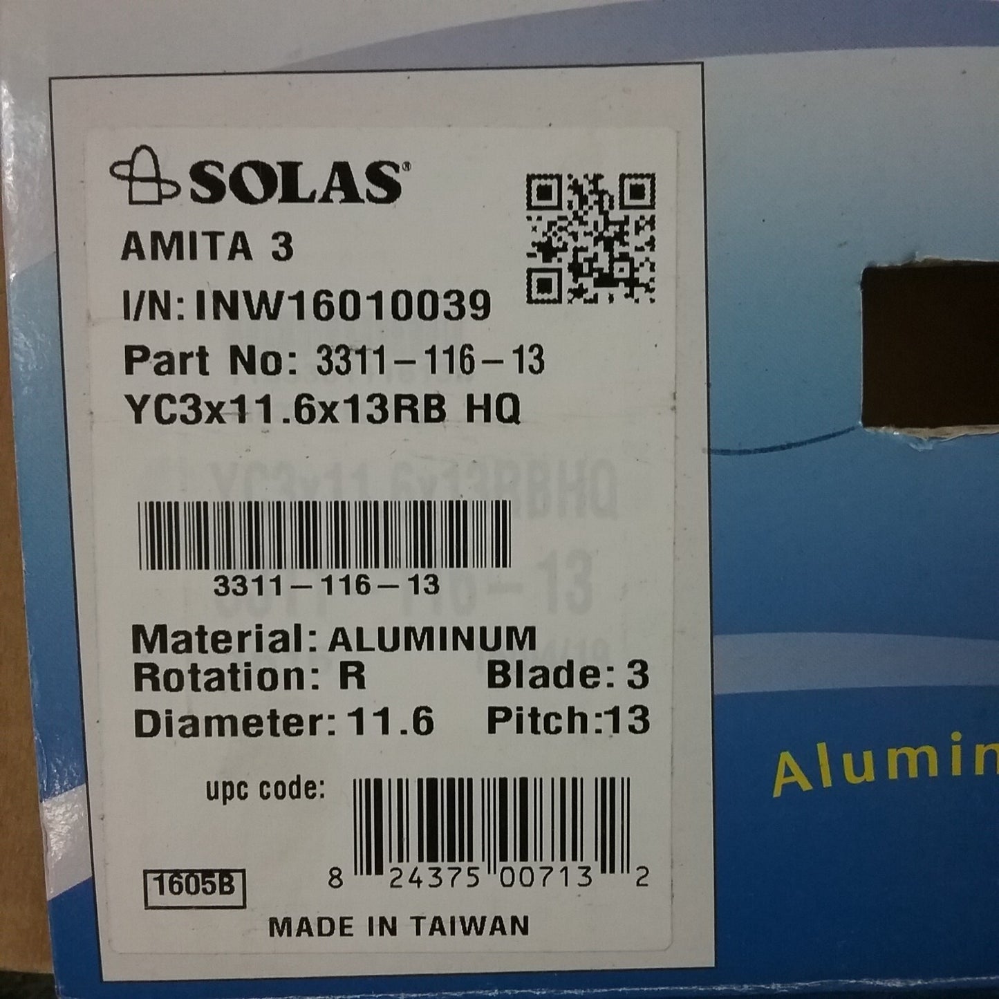 NEW SOLAS 3311-116-13 ALUMINUM HIGH PERFORMANCE PROPELLER 11.6" X 13"