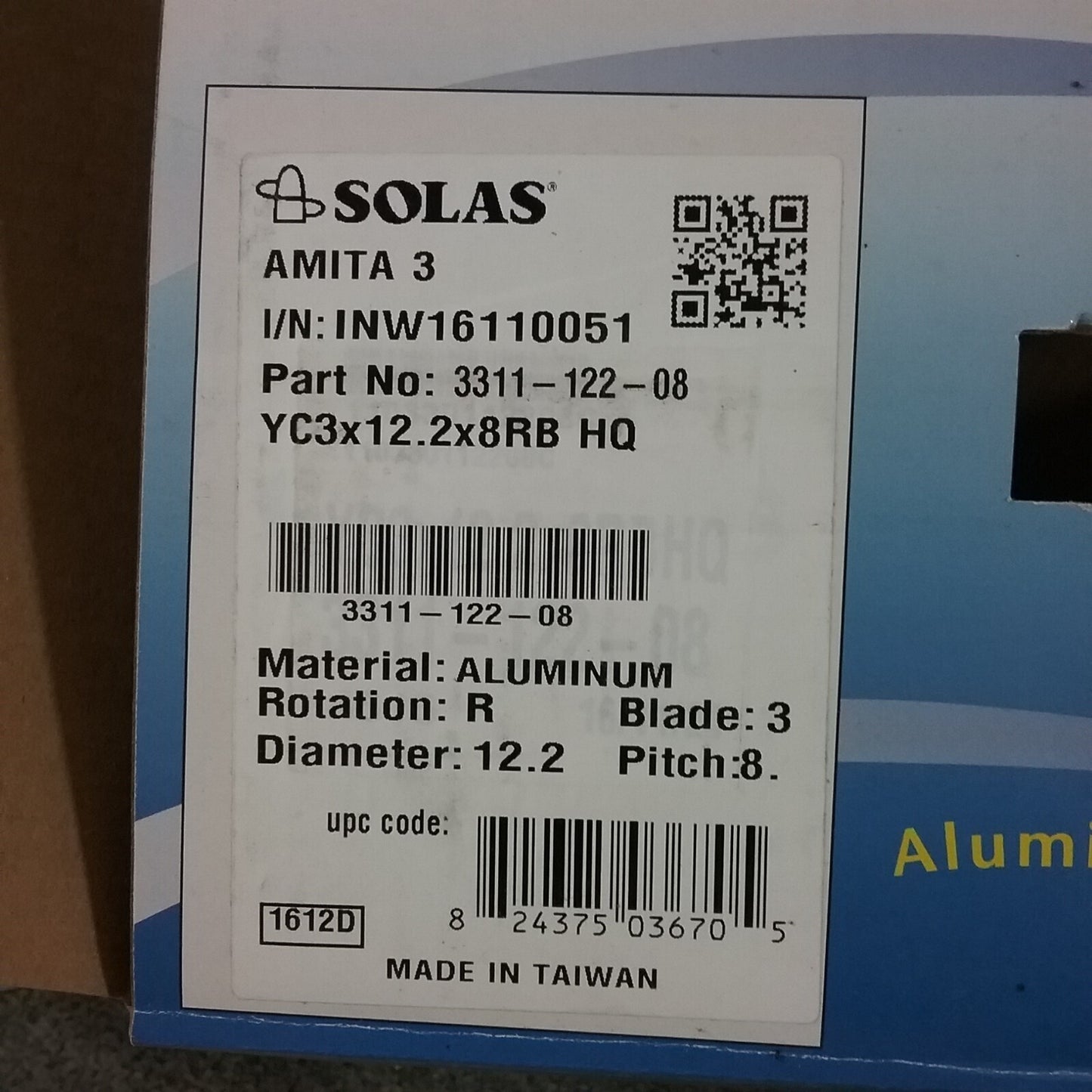 NEW SOLAS 3311-122-08 ALUMINUM HIGH PERFORMANCE PROPELLER 12.2" X 8"