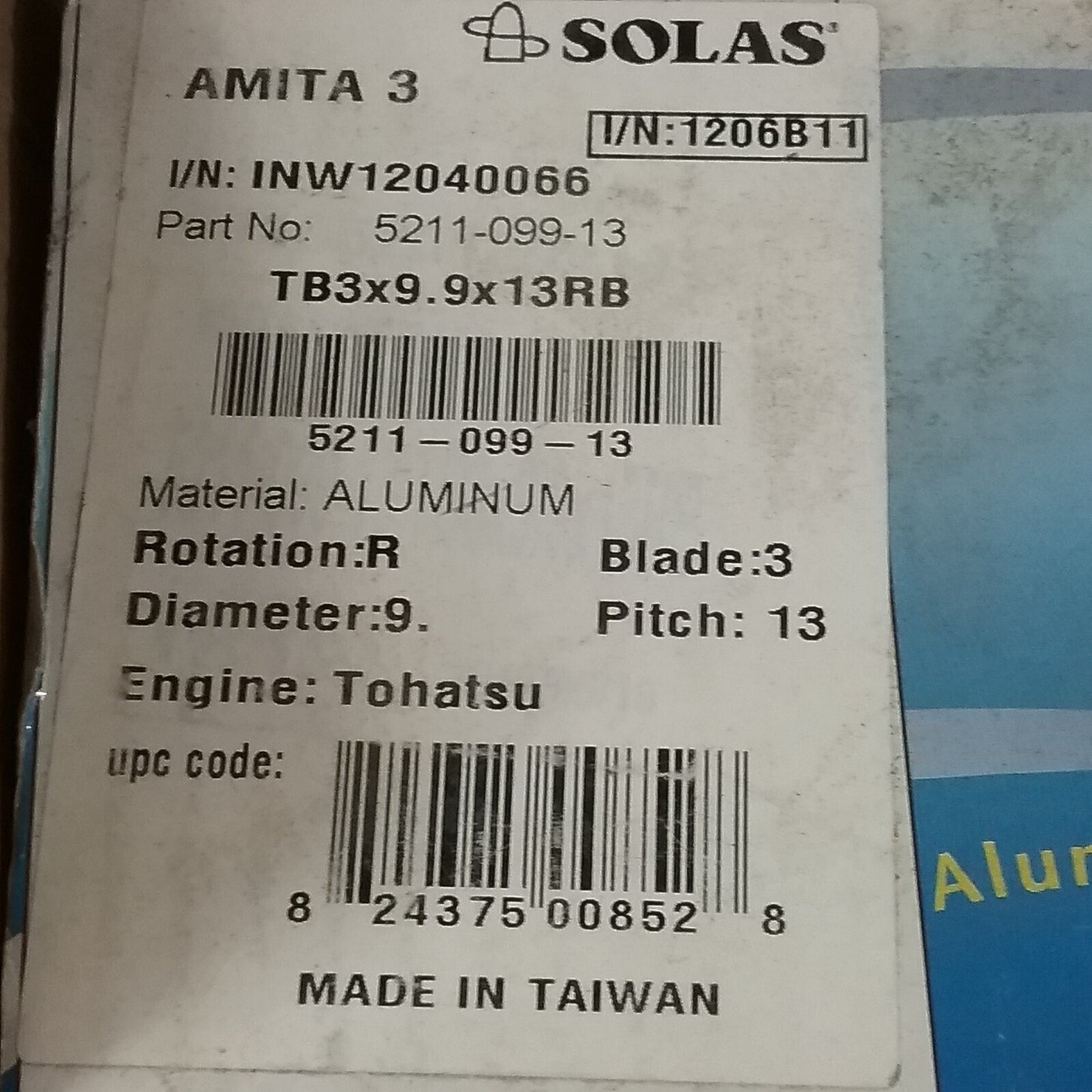 NEW SOLAS 5211-099-13 ALUMINUM HIGH PERFORMANCE PROPELLER 9.9" X 13"