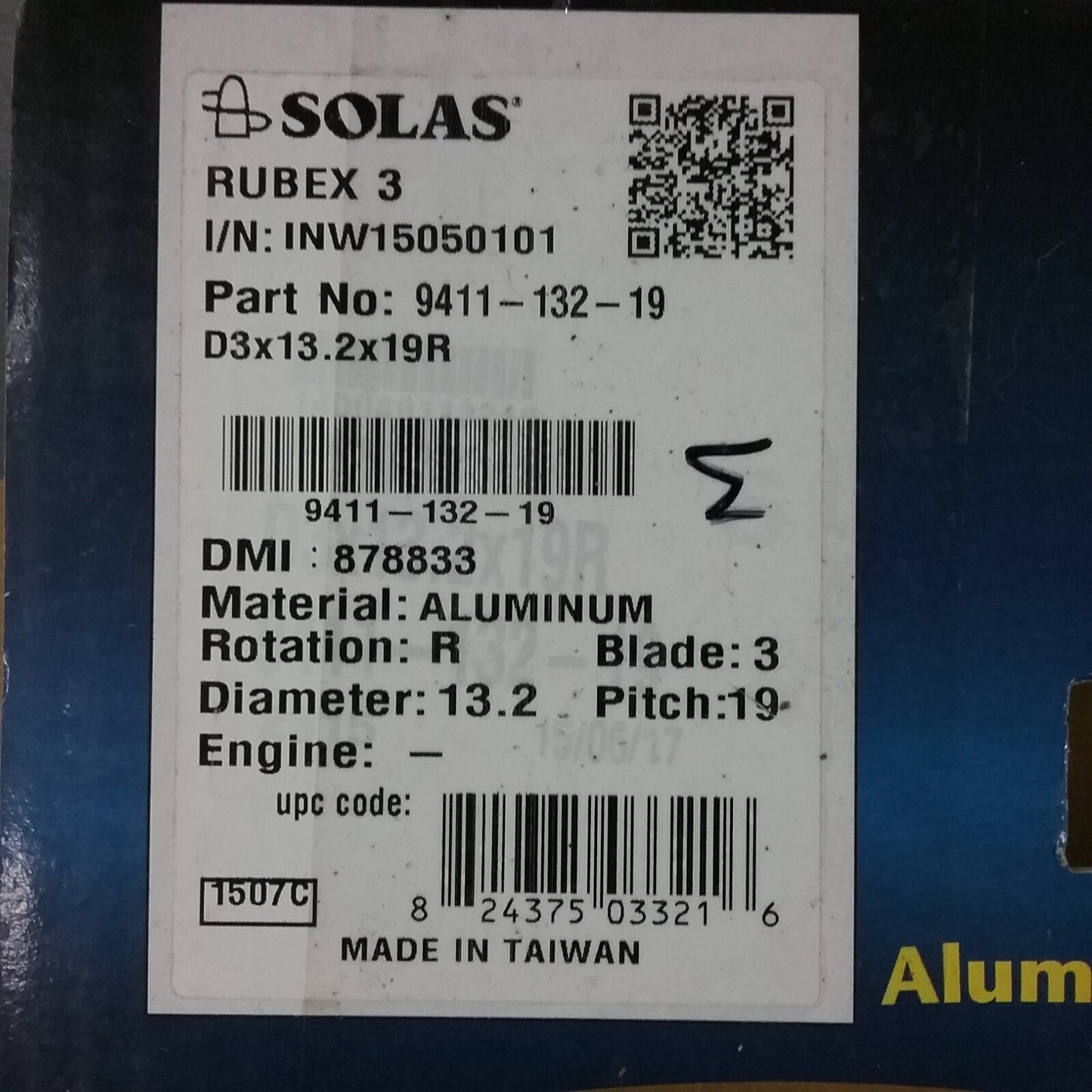 NEW SOLAS 9411-132-19 RUBEX ALUMINUM HUB PROPELLER, HUB KIT NOT INCLUDED