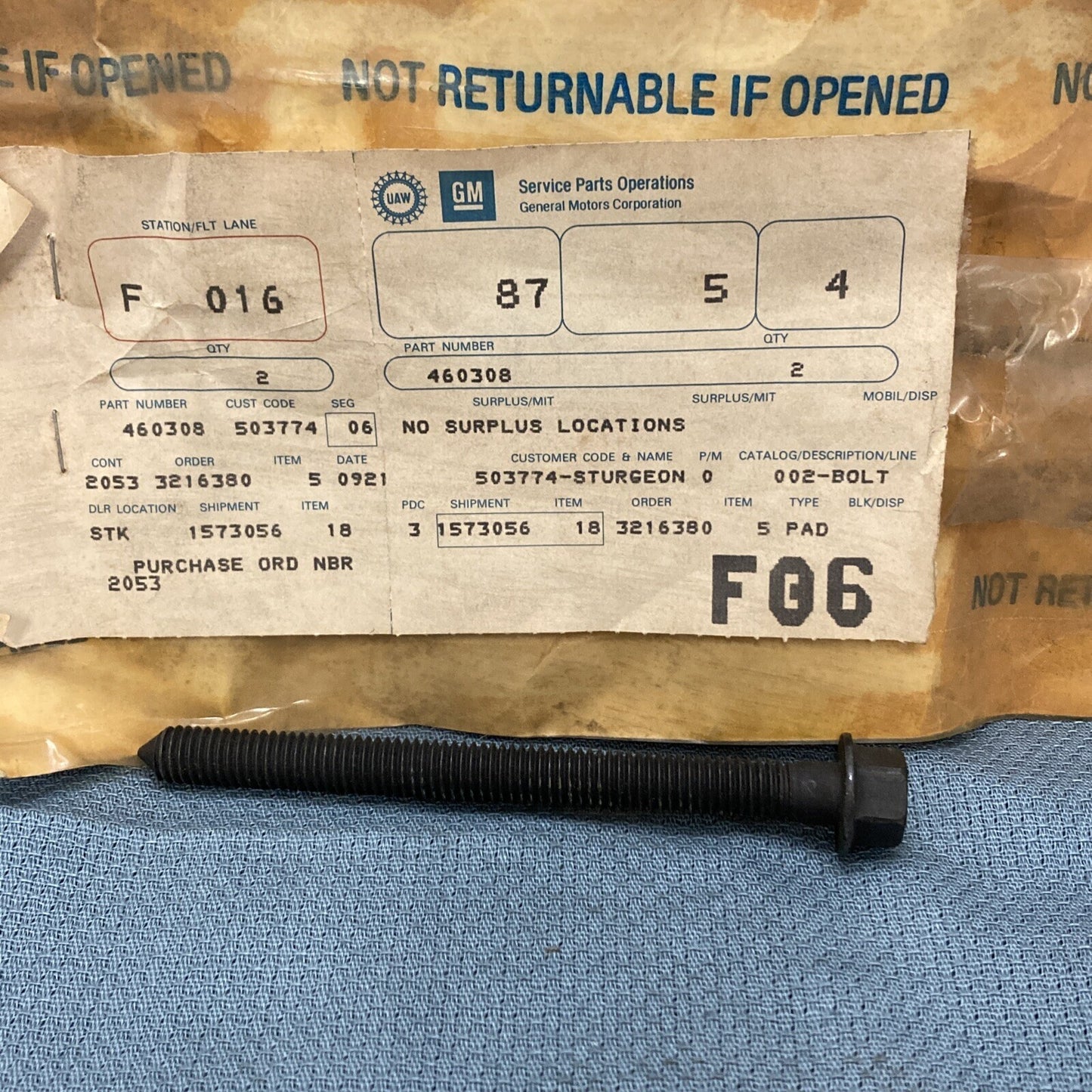 NEW GENUINE GM 460308 BOLT, FLANGE HEXAGON HEAD, POINTED, MOTOR MOUNT GR 0.002