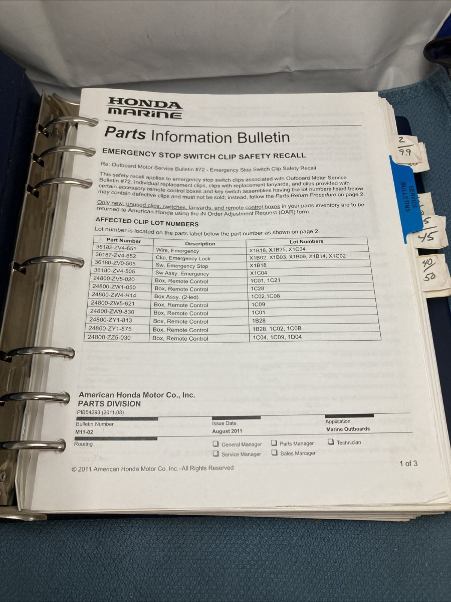 HONDA MARINE SERVICE INFORMATION BINDER INCLUDES SERVICE BULLETINS 2-225
