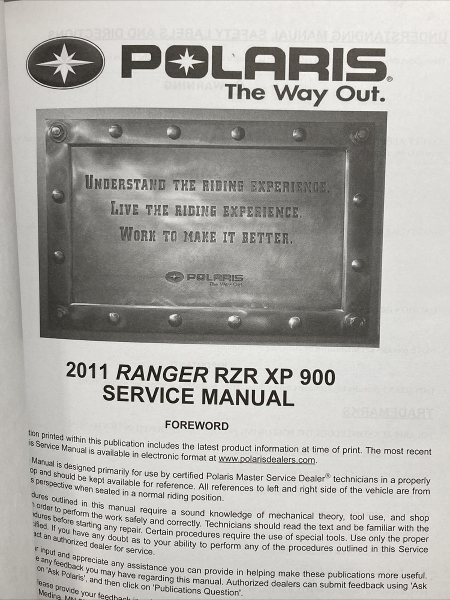 NEW POLARIS 9923144 RANGER RZR XP 900 SERVICE MANUAL 2011