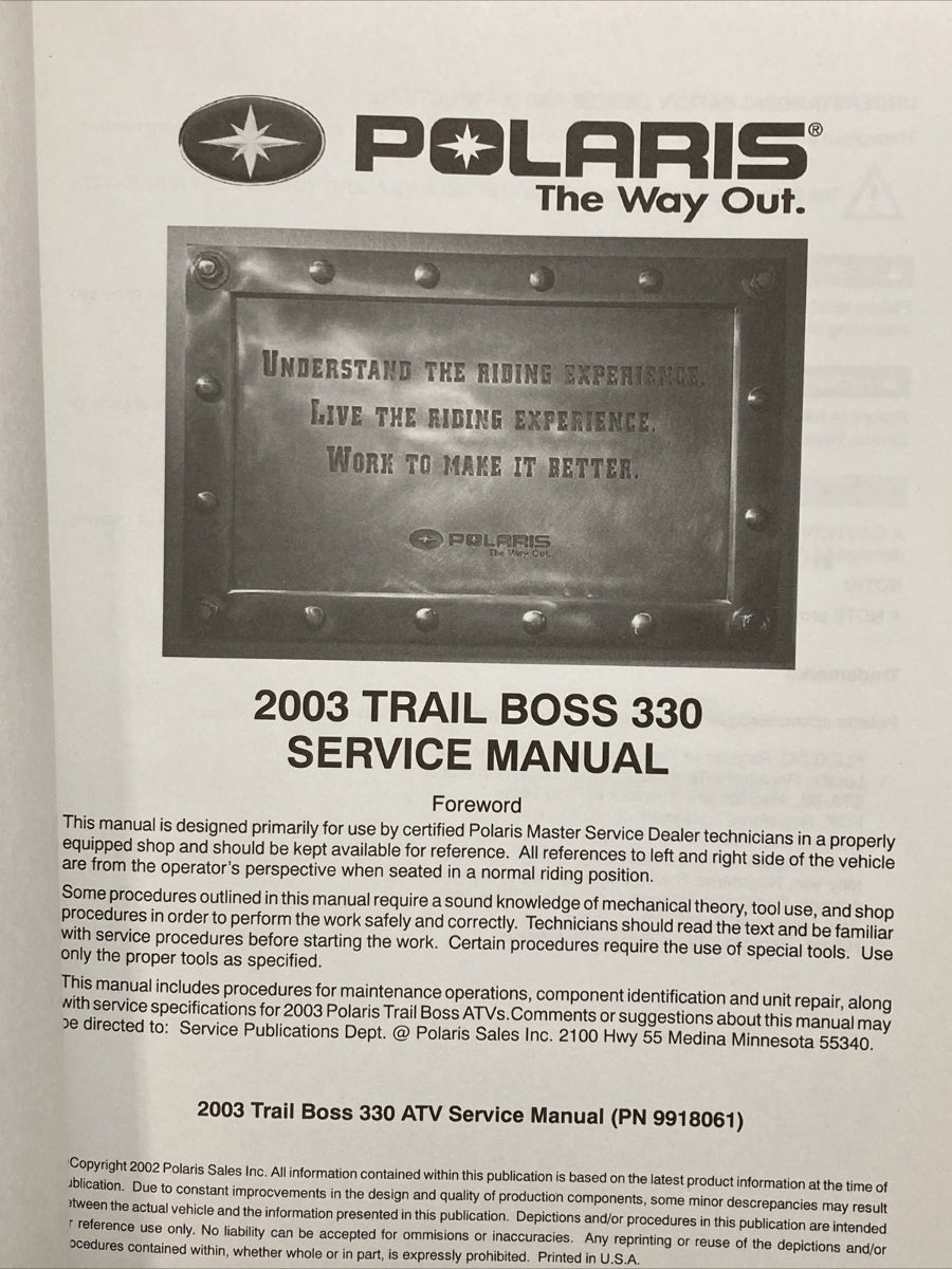 NEW POLARIS 9918061 TRAIL BOSS SERVICE MANUAL 2003
