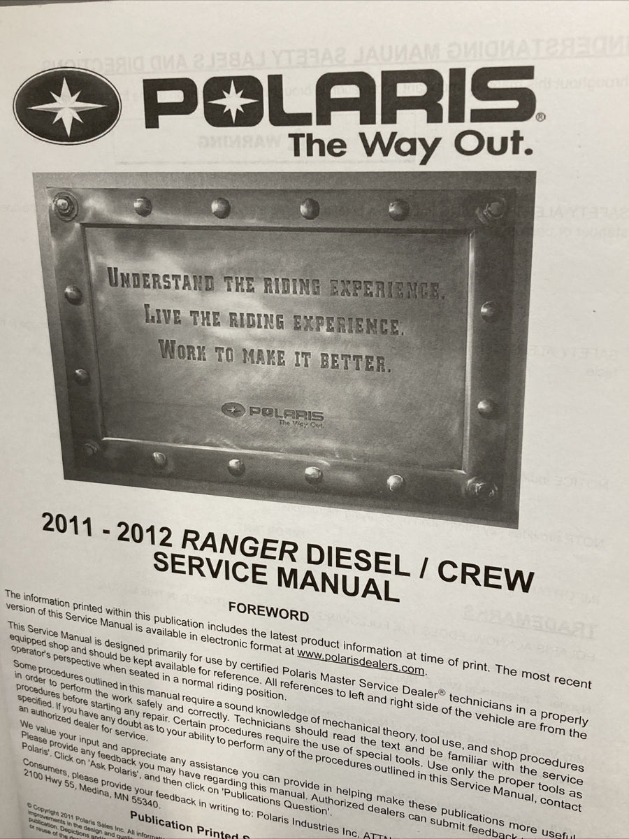 NEW POLARIS 9923516 RANGER DIESEL/CREW SERVICE MANUAL 2011-2012
