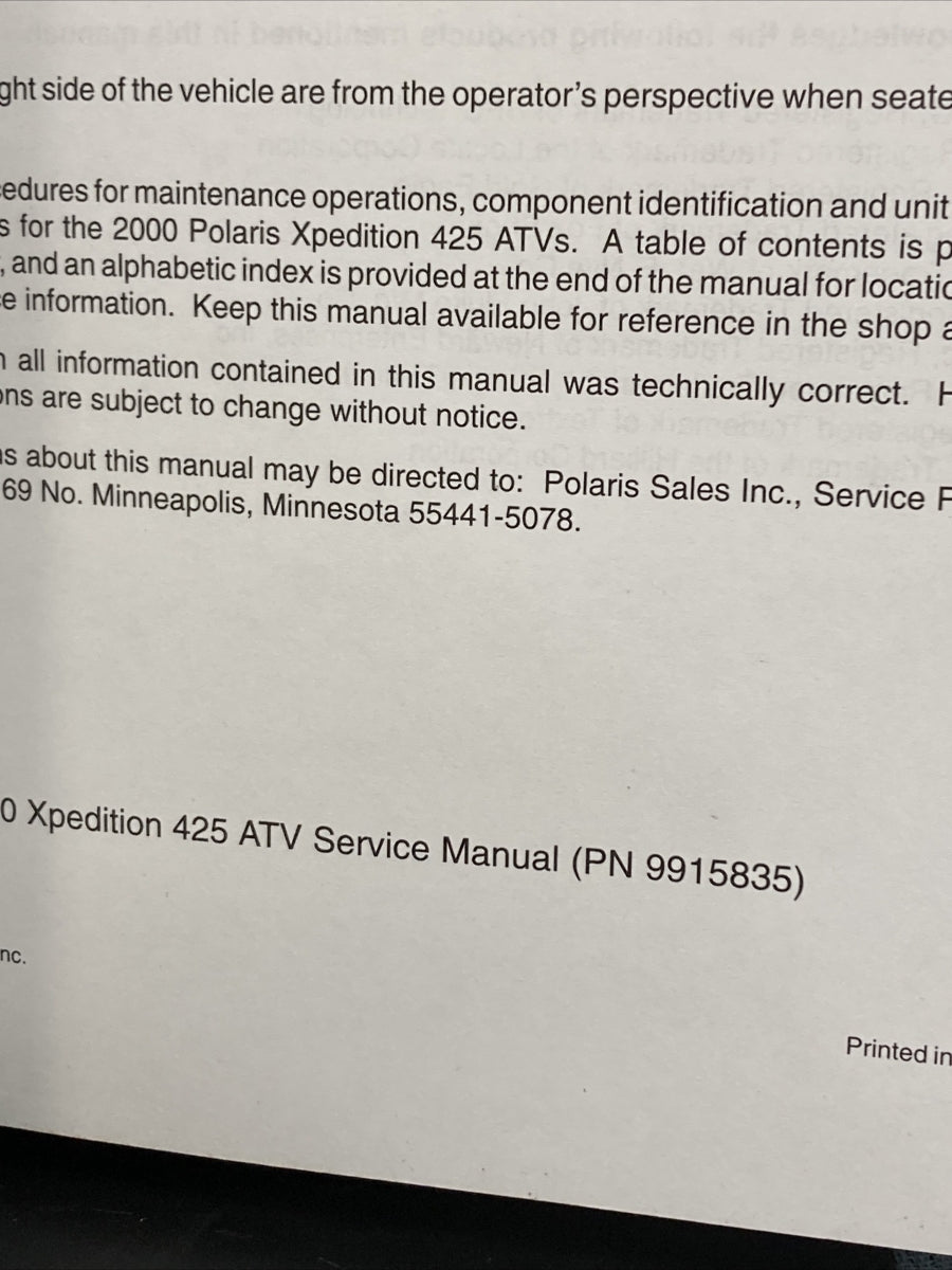 NEW GENUINE POLARIS 9915835 XPEDITION 425 SERVICE MANUAL 2000