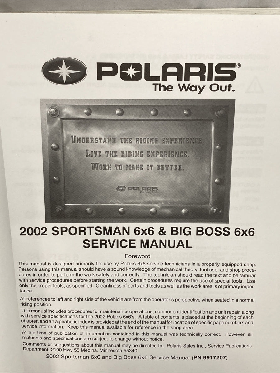 NEW GENUINE POLARIS 9917207 SPORTSMAN/BIG BOSS SERVICE MANUAL 2002