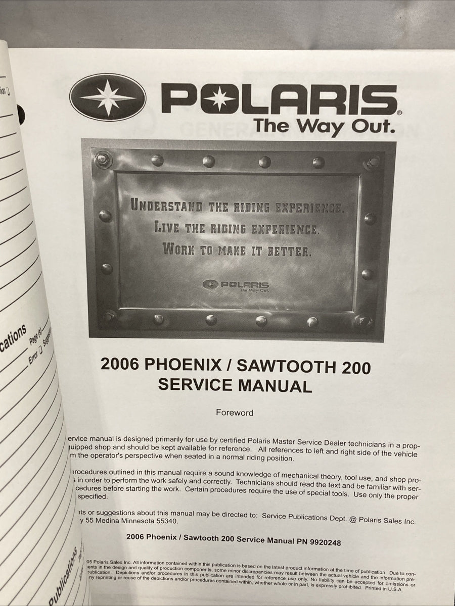 NEW GENUINE POLARIS 9920248 SAWTOOTH/PHOENIX 200 SERVICE MANUAL 2006
