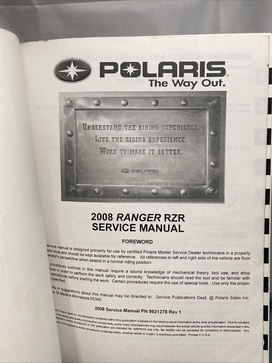 GENUINE POLARIS 9921278 RANGER RZR SERVICE MANUAL 2008
