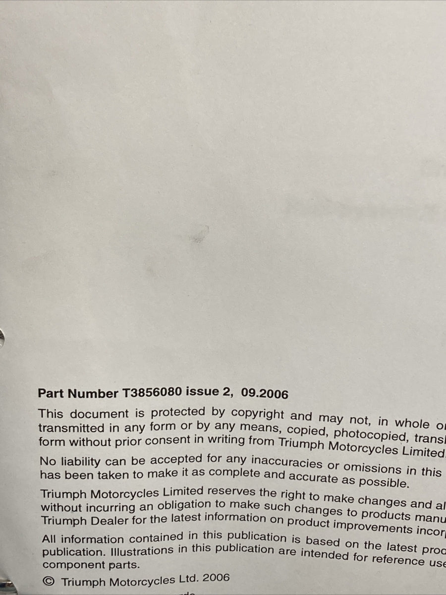 NEW TRIUMPH T3856080 SPEED TRIPLE 1050CC SERVICE MANUAL ISSUE 2, 09.2006