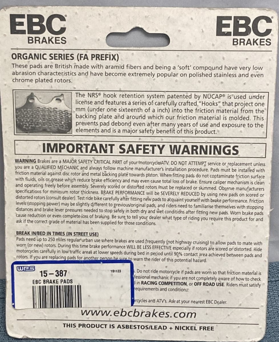 NEW EBC BRAKES 15-387 BRAKE PADS, ORGANIC FORMULATION, FA387
