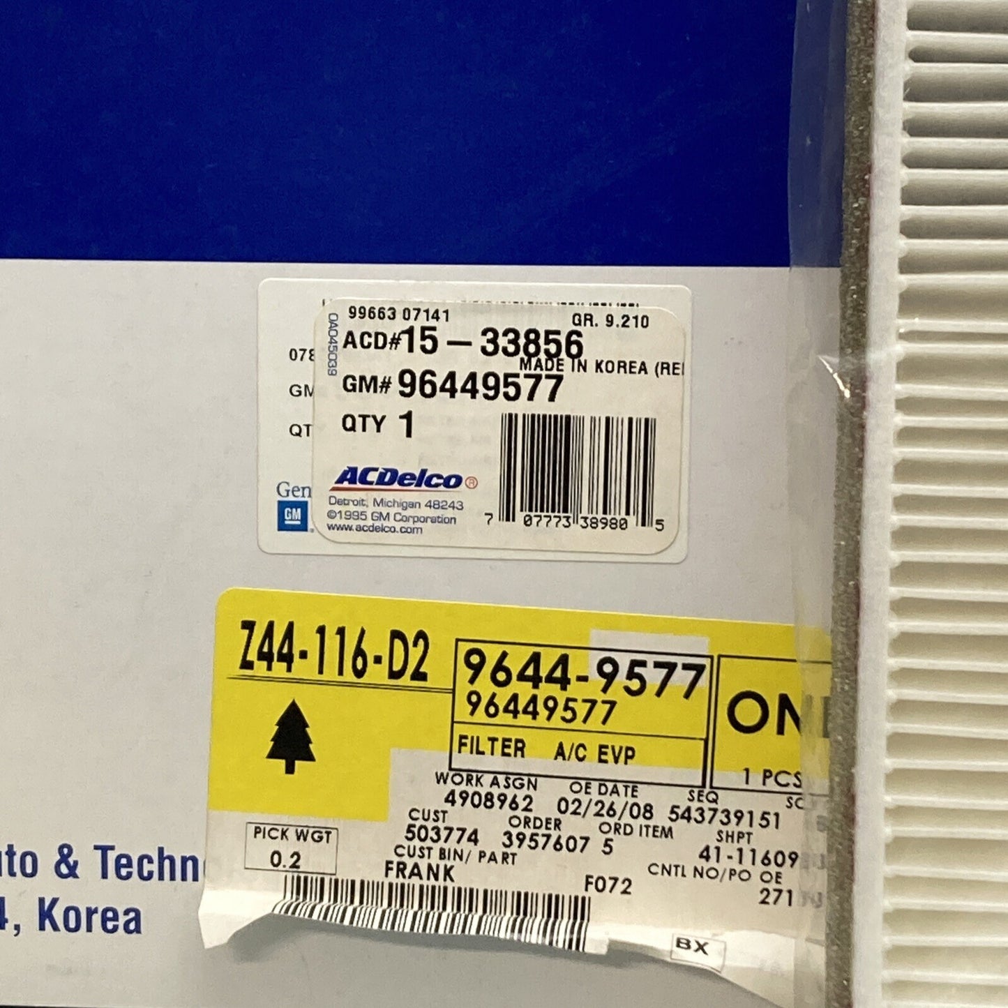 NEW GENUINE GM 96449577 FILTER, A/C EVAPORATOR AIR ACDELCO 15-33856