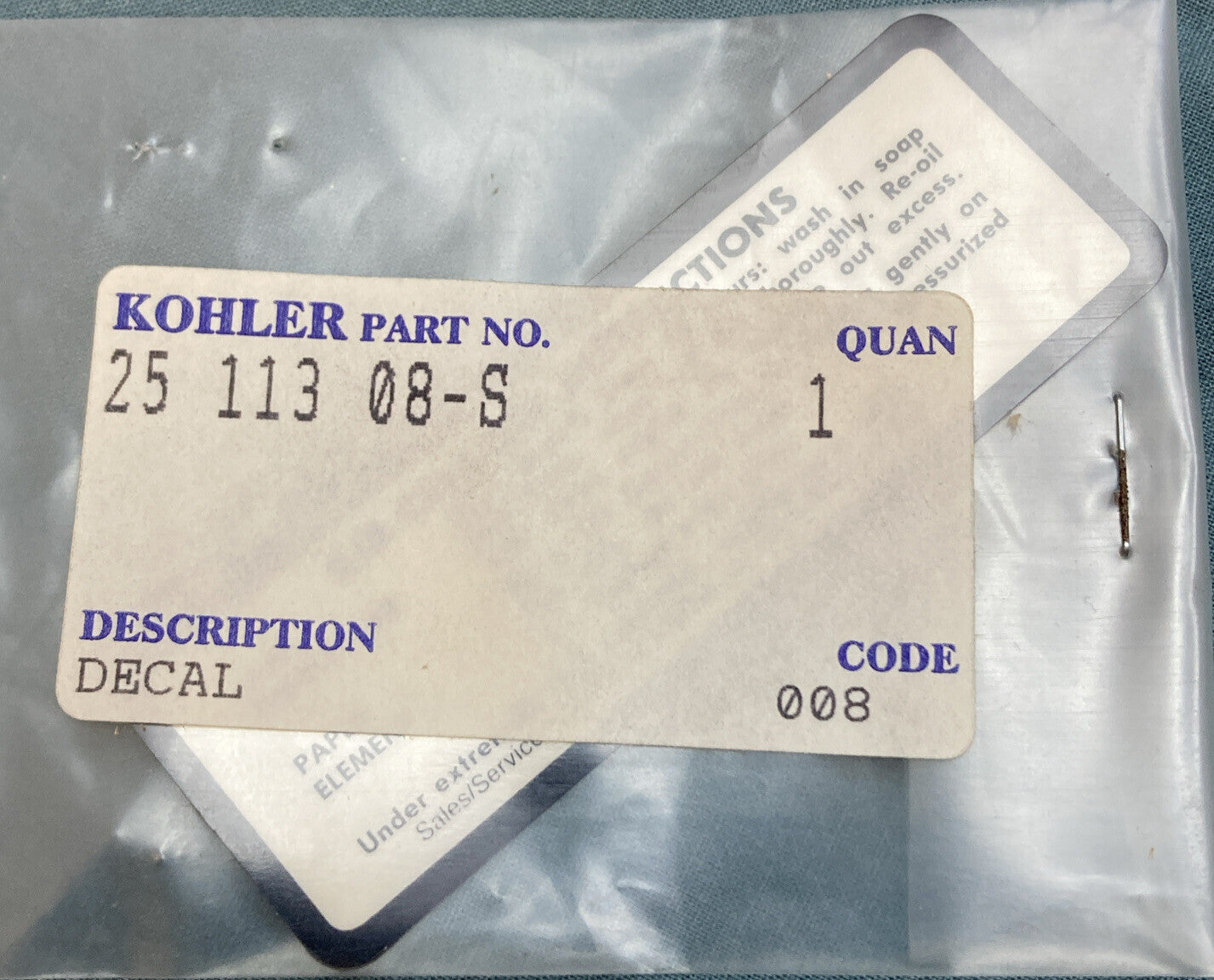 NEW GENUINE KOHLER 25 113 08-S DECAL: AIR CLEAN