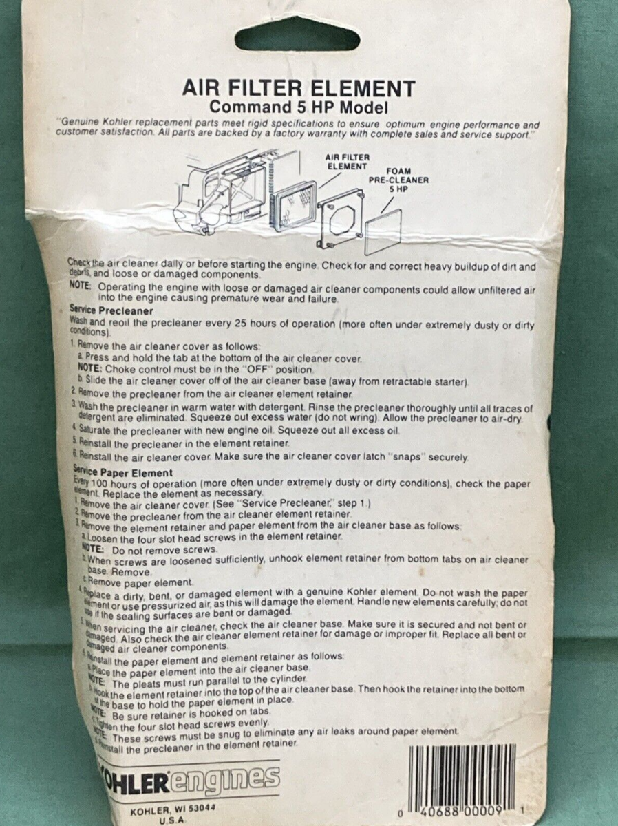 NEW GENUINE KOHLER 15 083 01-S ELEMENT, AIR FILTER