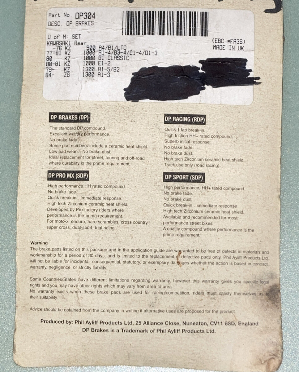 NEW DP BRAKES DP304 STINTERED BRAKE PADS REAR KAWASAKI