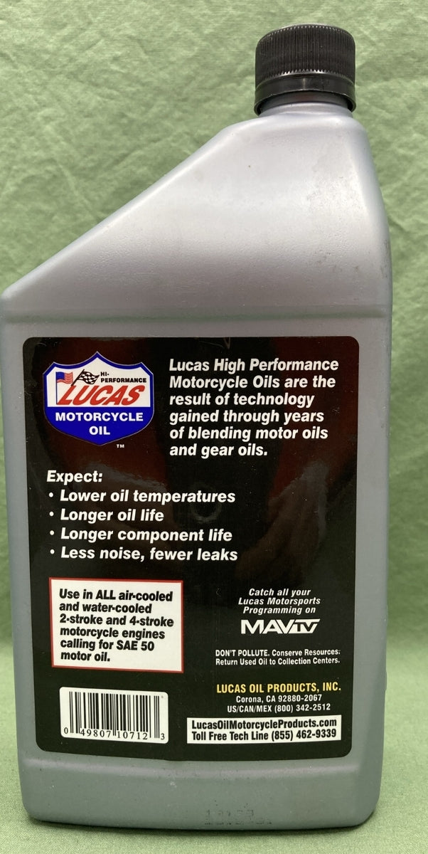 NEW Lucas Oil 10712 SAE 50 High Performance Motorcycle Oil 1 Quart