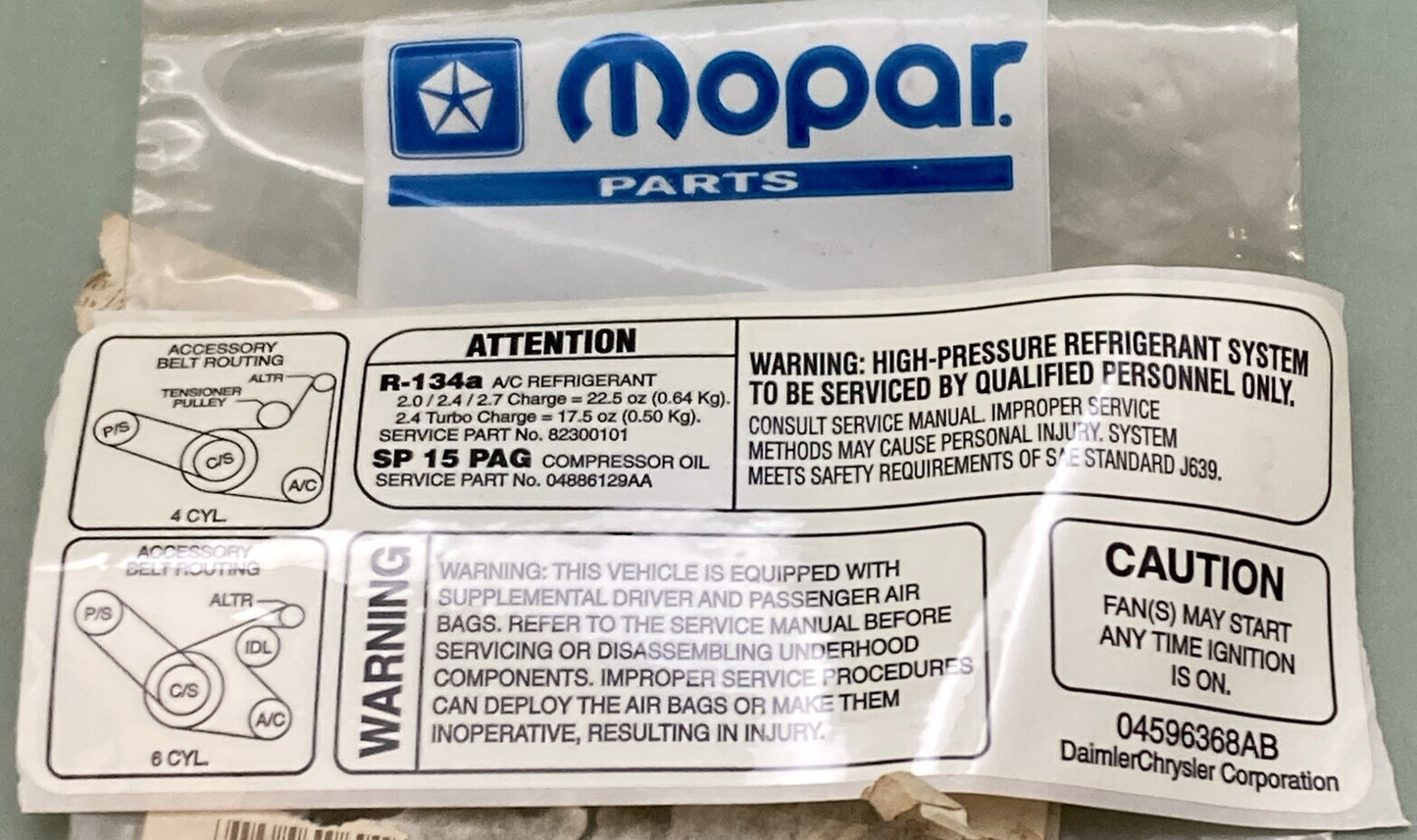 NEW GENUINE MOPAR 04596368 AB CAUTION LABEL, STICKER FOR CHRYSLER