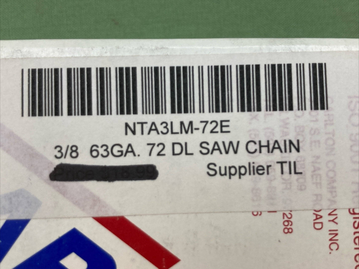 NEW GENUINE CARLTON A3LM-72E 18" CHAINSAW CHAIN 3/8 63GA 72DL