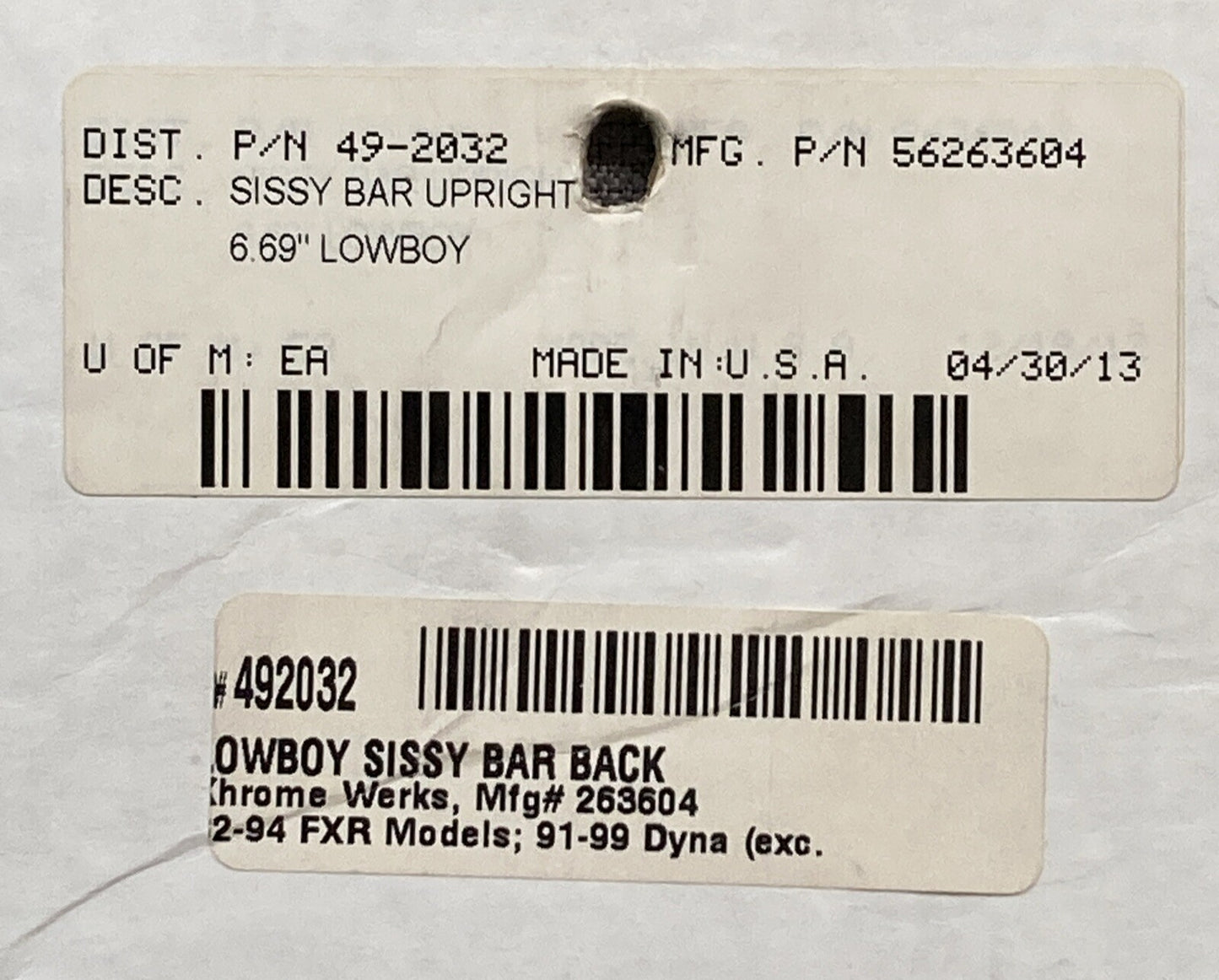 NEW KHROME WERKS 49-2032 LOWBOY UPRIGHT SISSY BAR BACK 6.69"