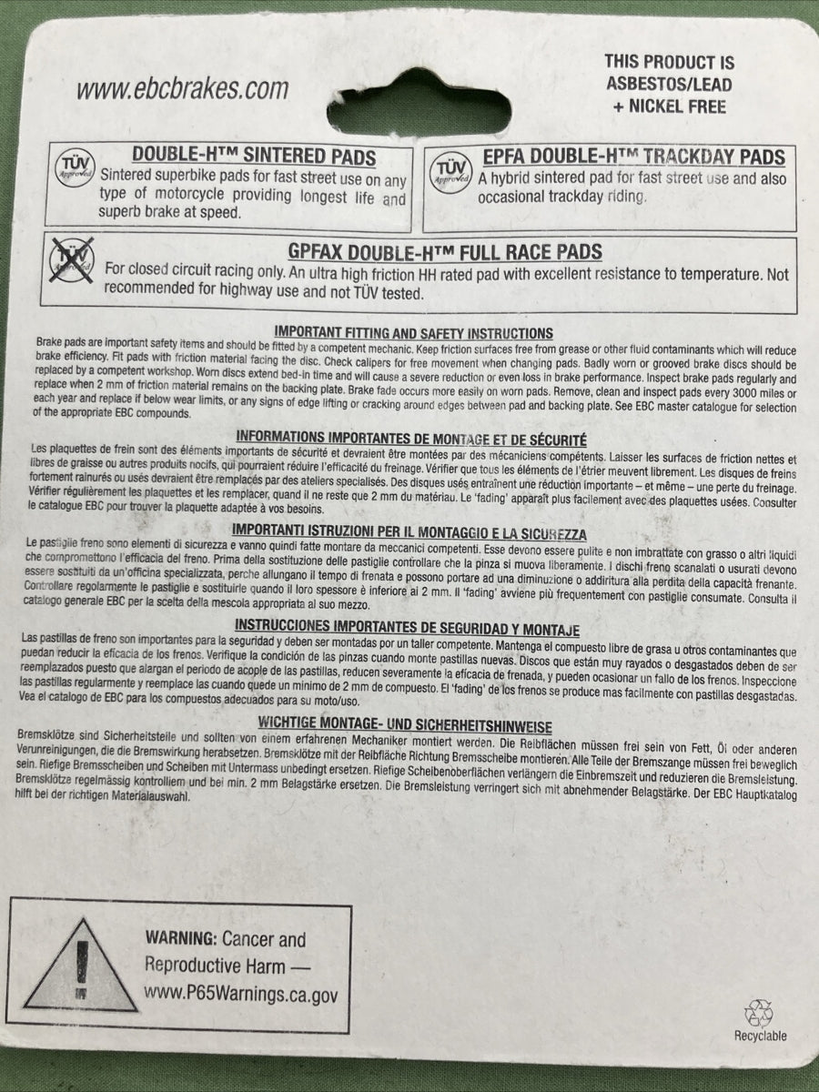 NEW EBC BRAKES FA69/3HH Double-H Sintered Brake Pads HONDA