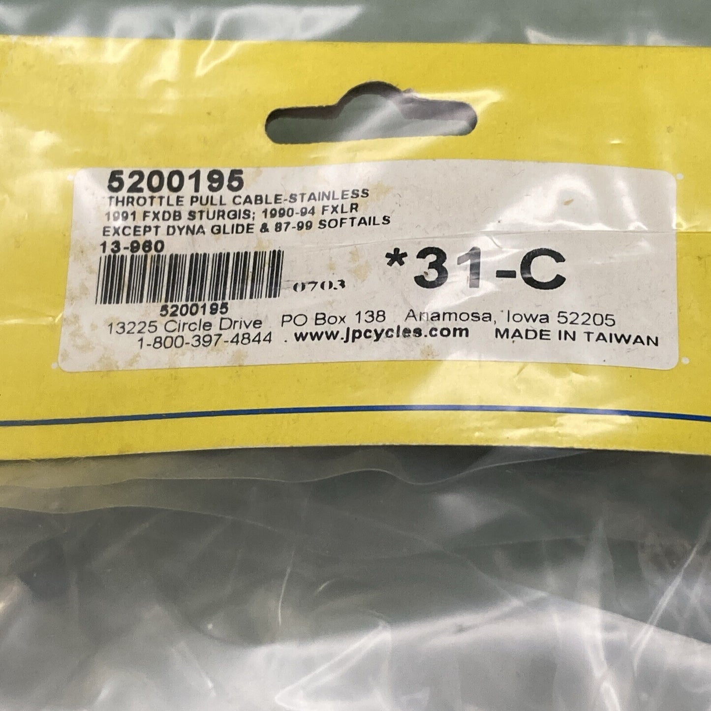 NEW GENUINE J&P CYCLES 13-960 THROTTLE PULL CABLE STAINLESS