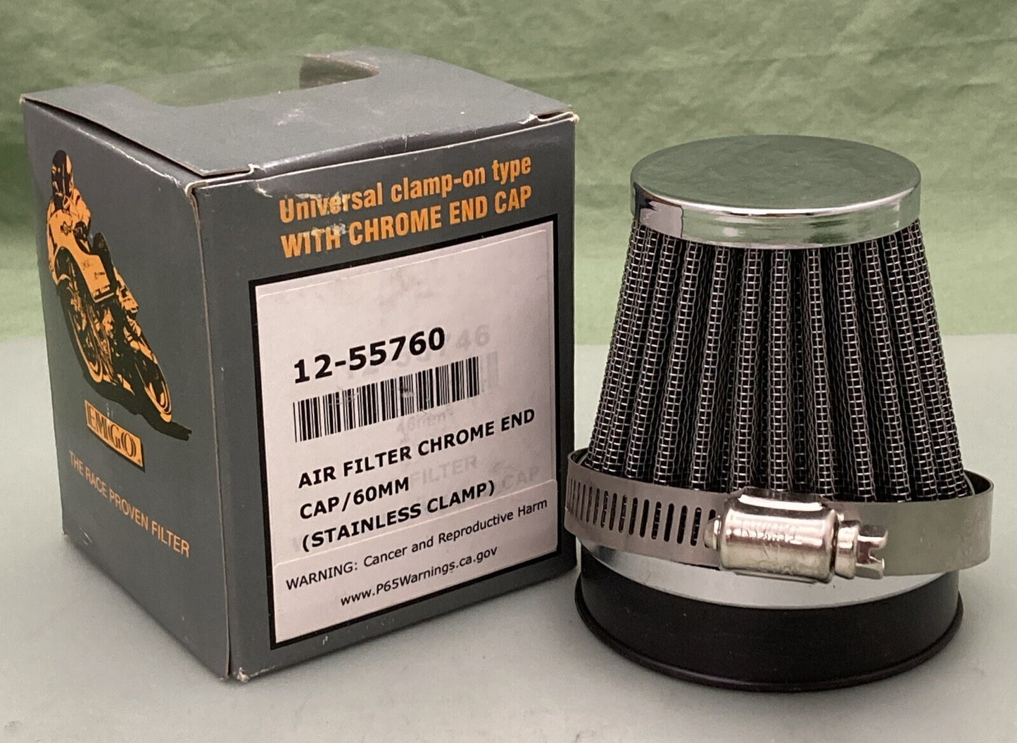 NEW EMGO 12-55760 AIR FILTER CHROME END CAP/60MM STAINLESS CLAMP
