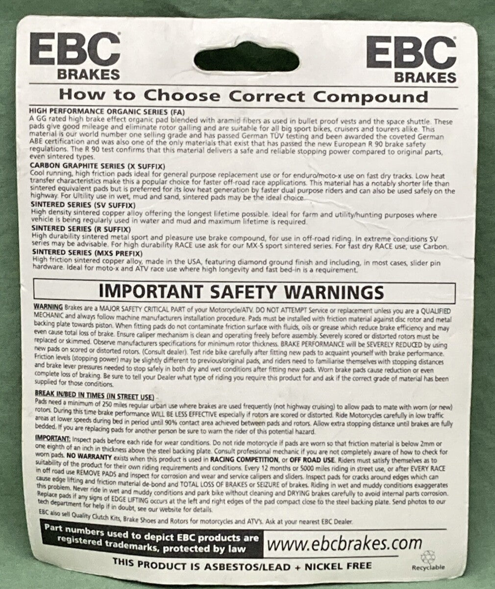 NEW EBC BRAKES FA222 HIGH PERFORMANCE Organic Rear Brake Pads