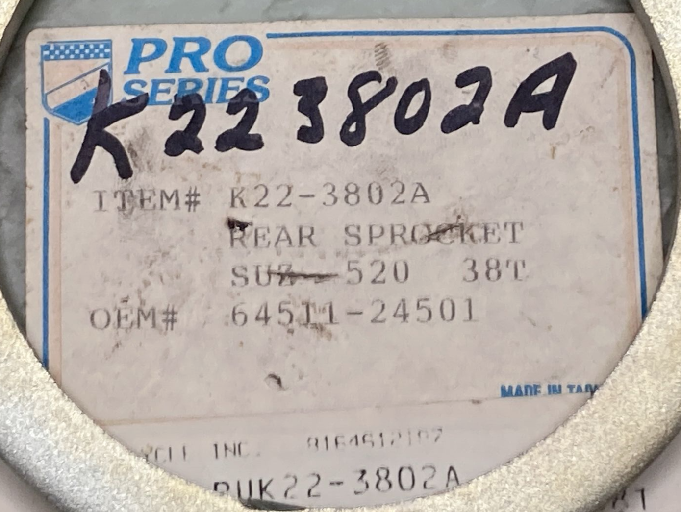 NEW PRO SERIES K22-3802A REAR SPROCKET 38 TOOTH SUZUKI 520 64511-24501