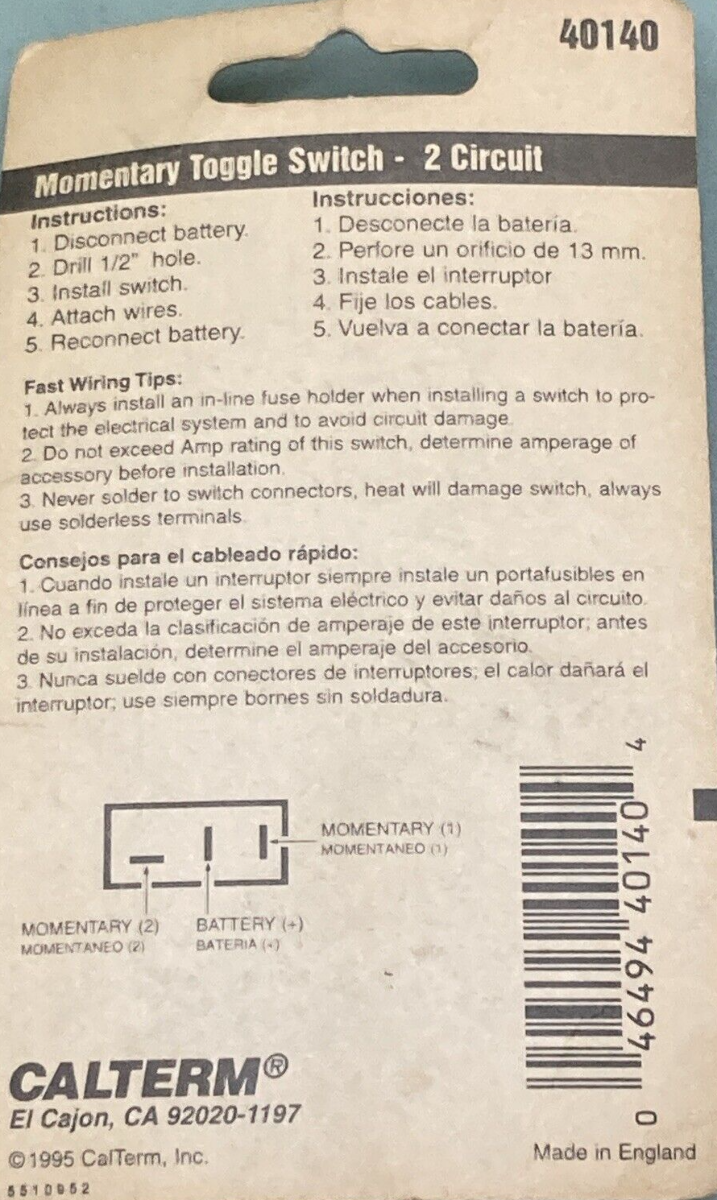 NEW GENUINE CALTERM 40140 TOGGLE SWITCH MOMENTARY 20 AMP 12V 2 CIRCUIT