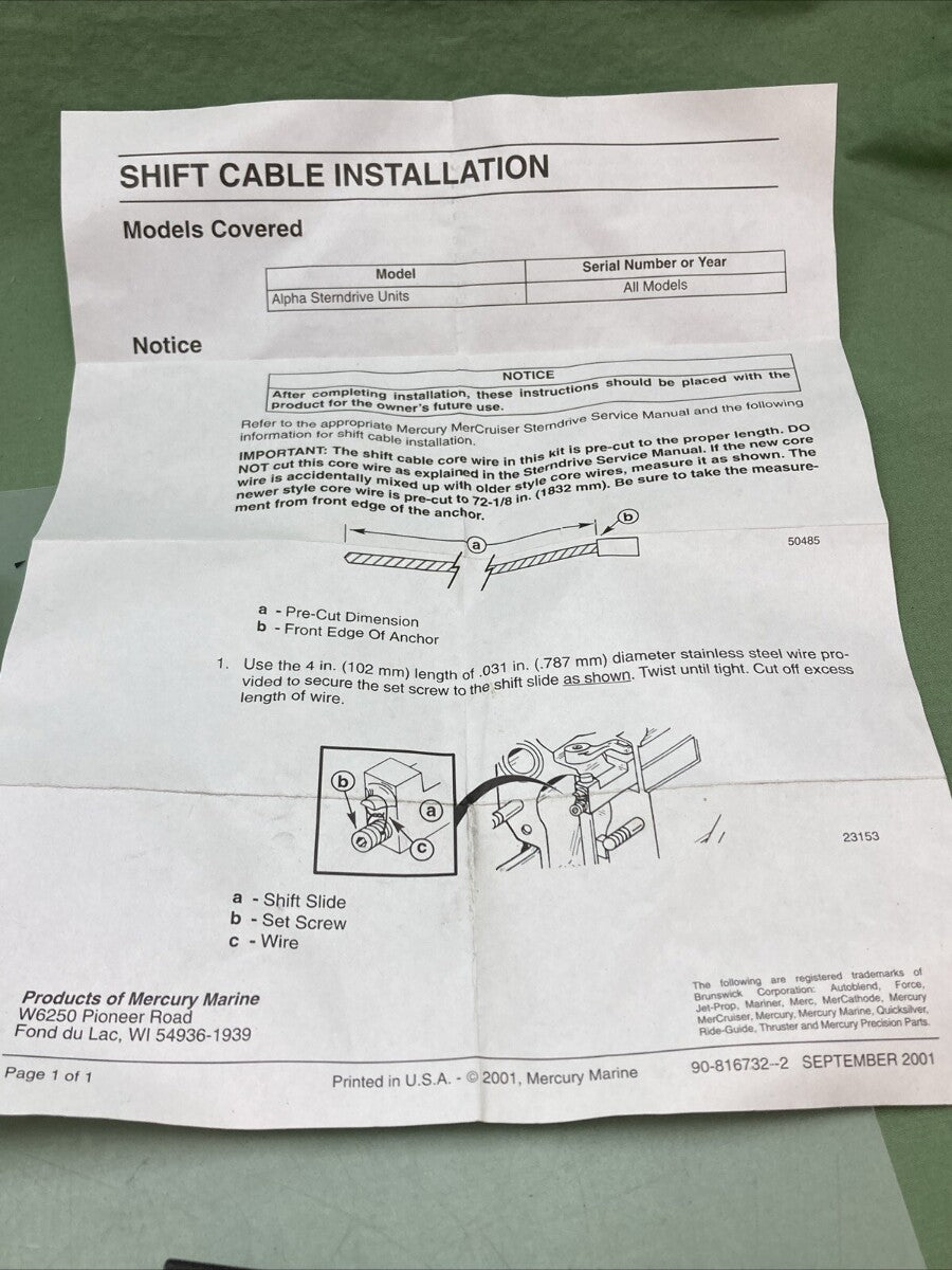 NEW GENUINE MERCURY QUICKSILVER 19543A 8 SHIFT CABLE ASSEMBLY, INCOMPLETE KIT