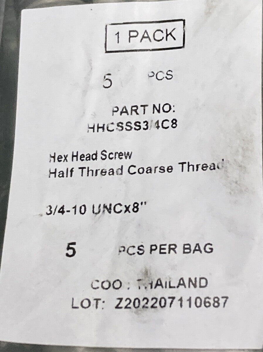 QTY 5 NEW GENUINE BRIKKSEN HHCSSS3/4C8 3/4-10 X 8 HEX HEAD CS S/S F593D